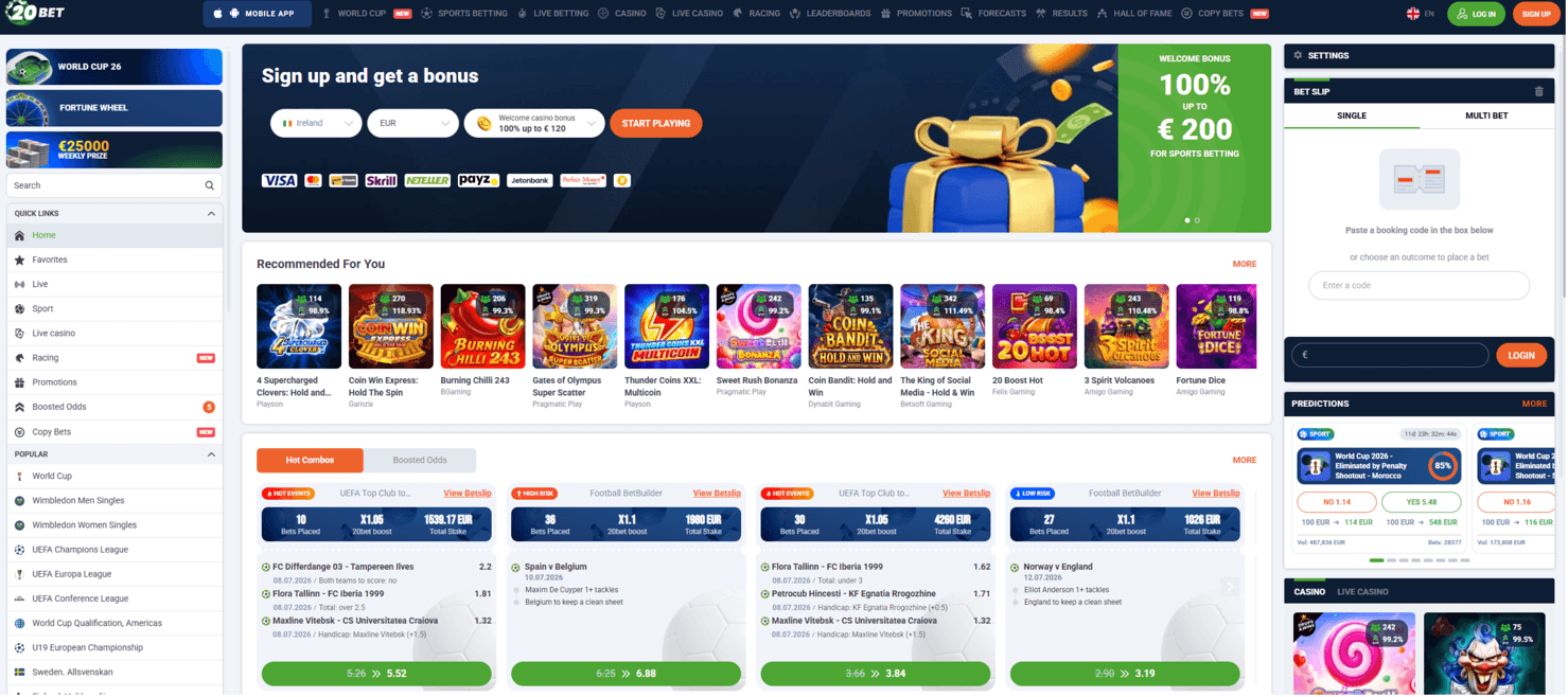 20Bet sportsbook lobby as shown on the operator&rsquo;s site
