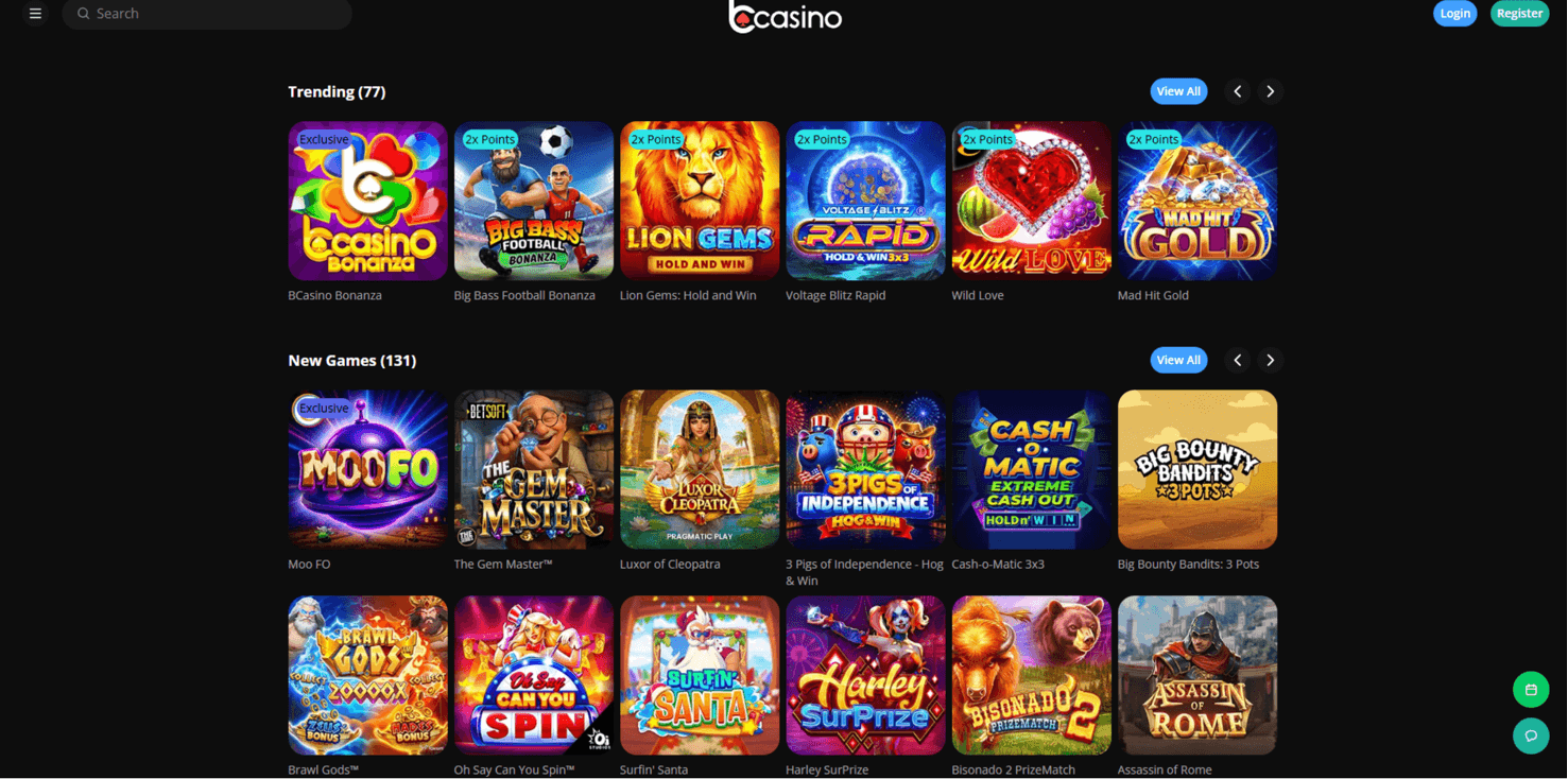 bCasino home page as published by the operator