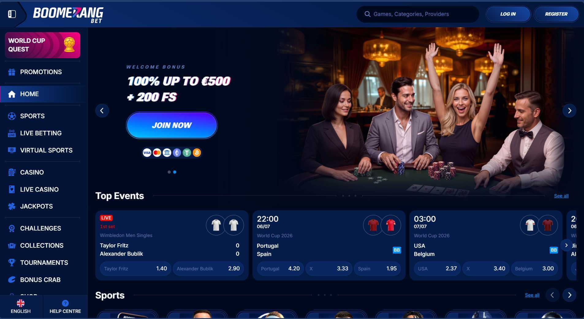 Boomerang Bet sportsbook home page as published by the operator