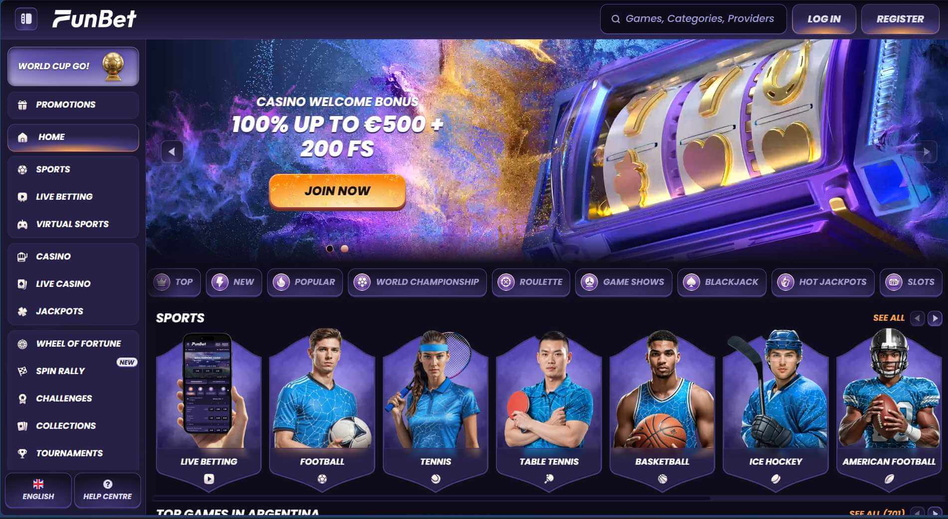 Funbet sportsbook home page as published by the operator