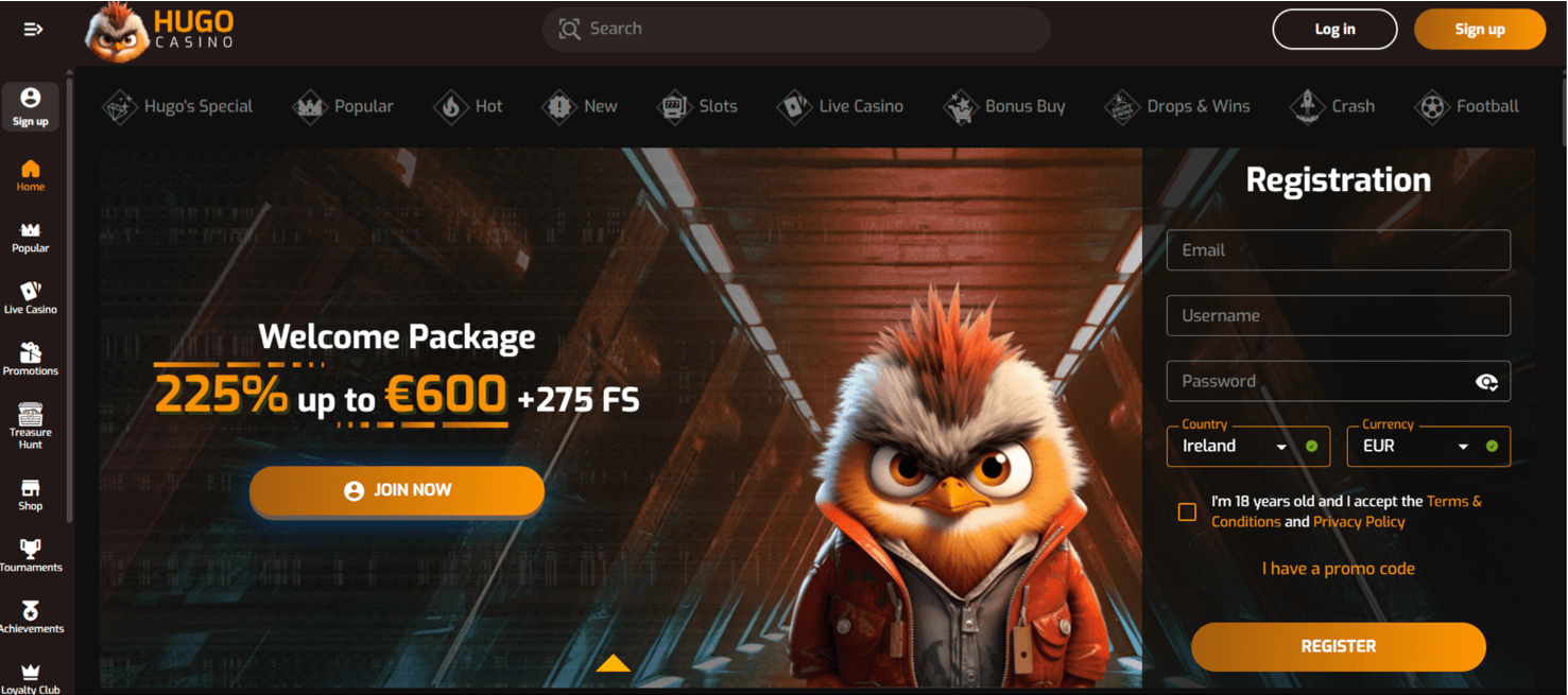 Hugo Casino home page as published by the operator