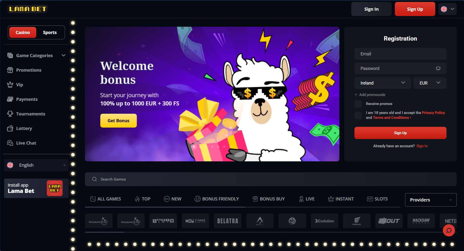 Lamabet sportsbook home page as published by the operator