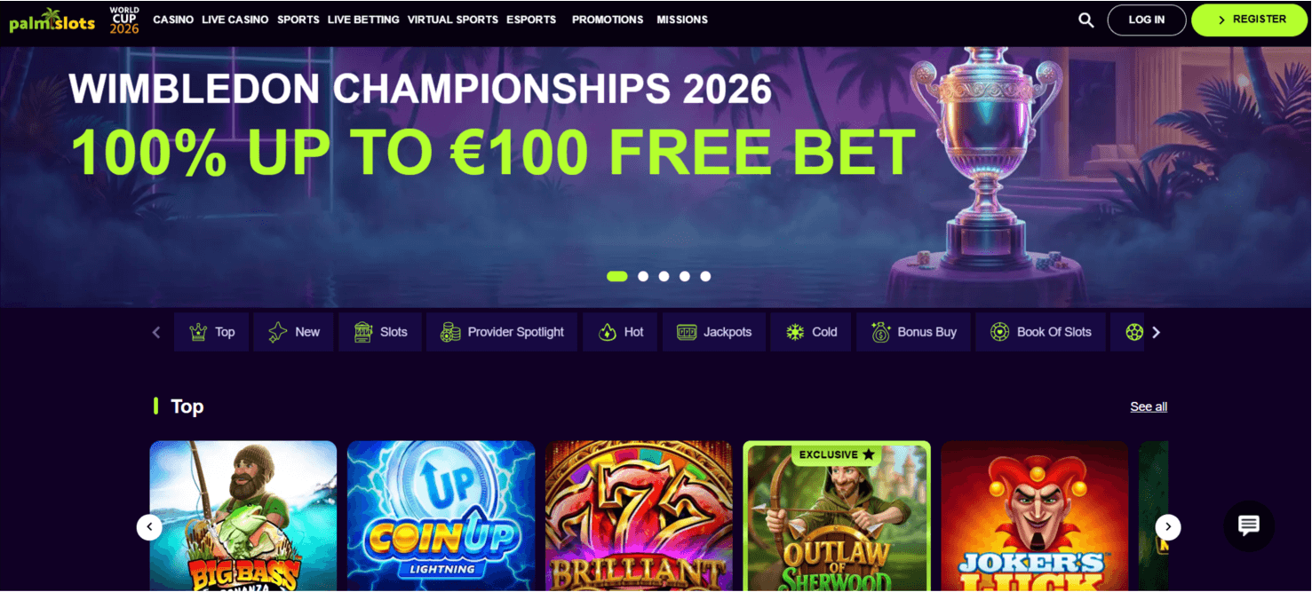 PalmSlots Casino home page as published by the operator