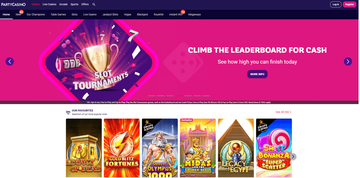 PartyCasino home page as published by the operator