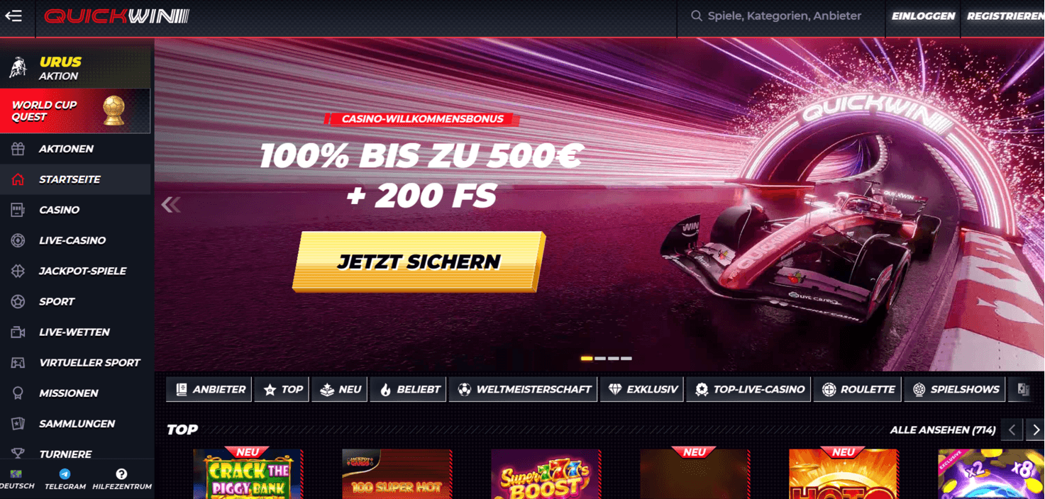 Quickwin casino home page as published by the operator