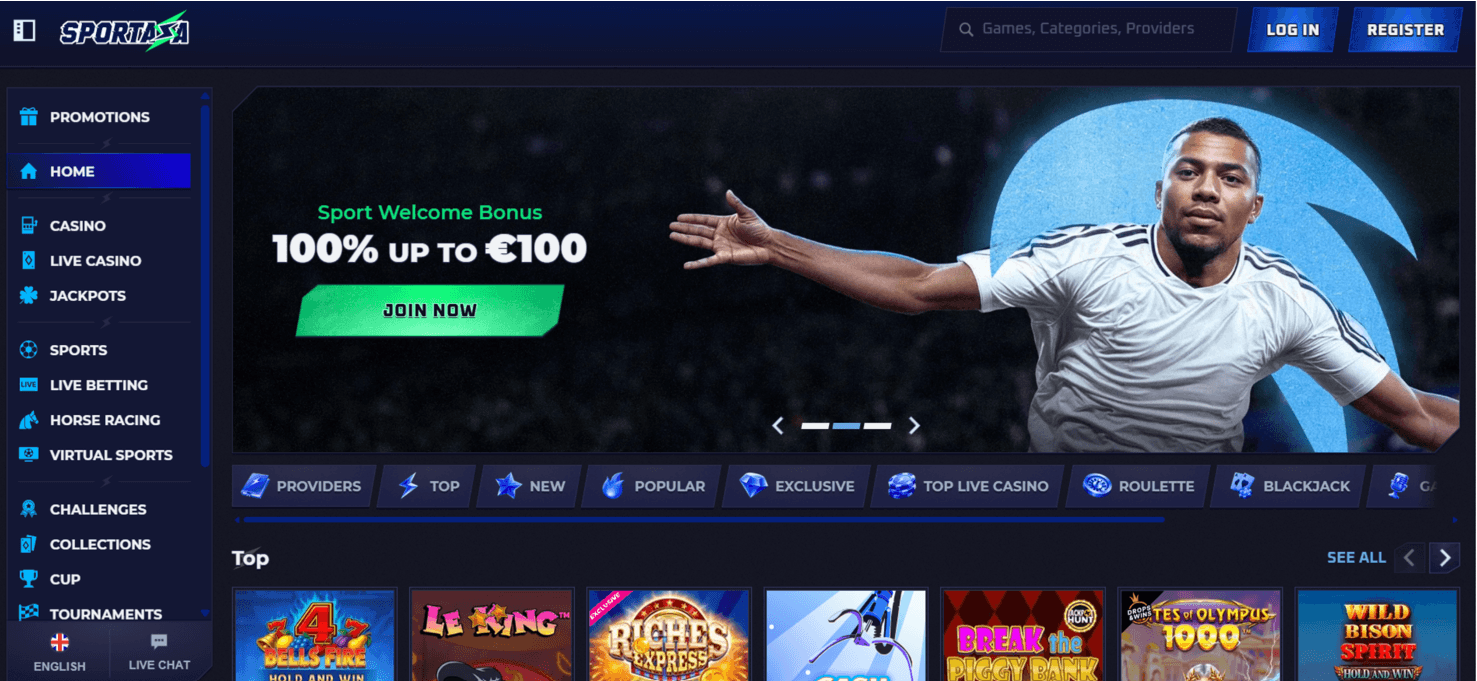 Sportaza casino and sportsbook home page as published by the operator