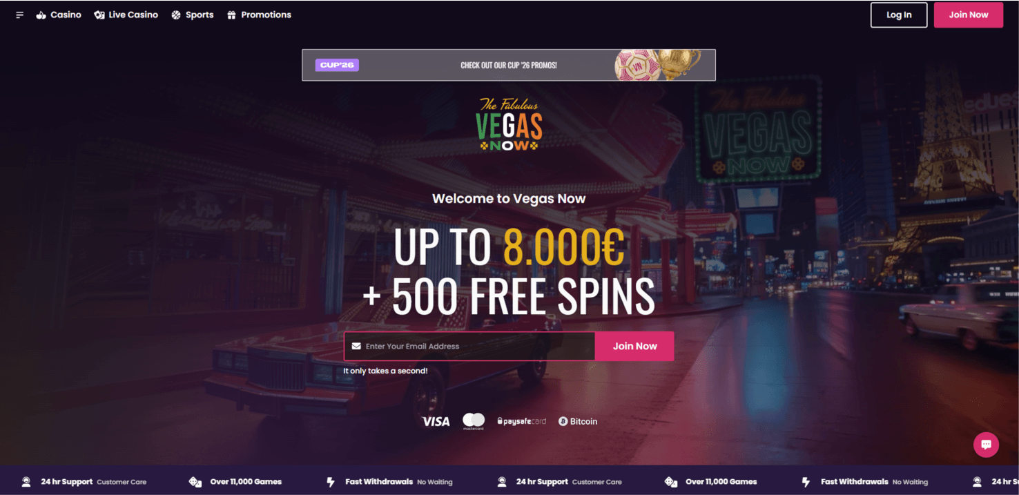 Vegas Now Casino home page as published by the operator