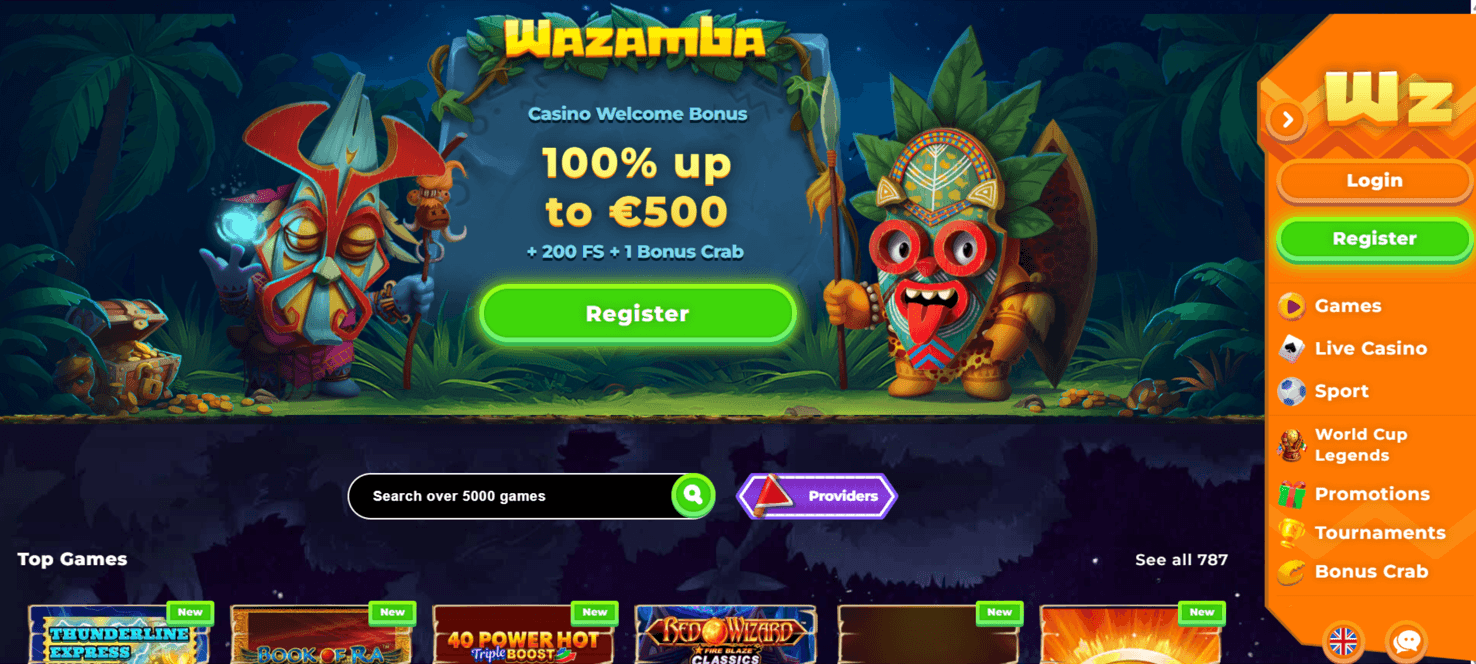 Wazamba casino home page as published by the operator